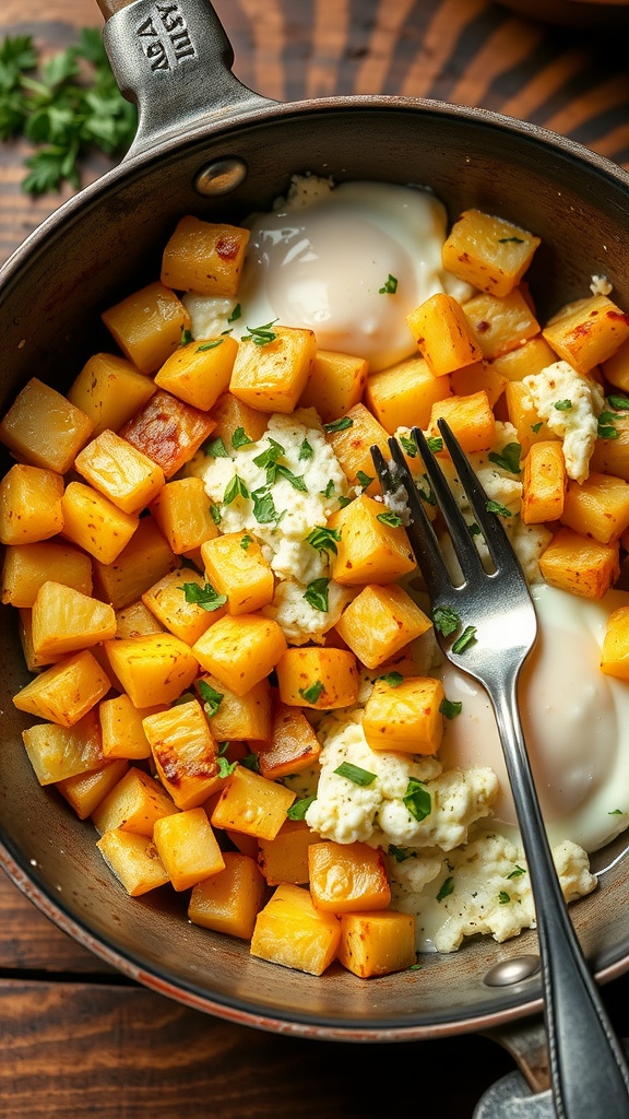 Skillet with golden potatoes and scrambled eggs, garnished with herbs on a rustic table.